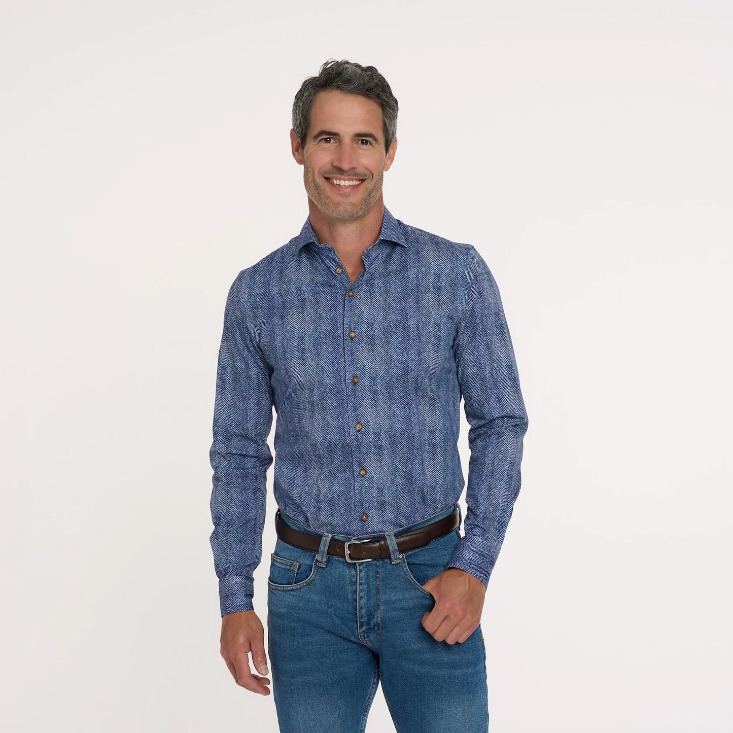 R2 Herringbone Print Stretch Shirt