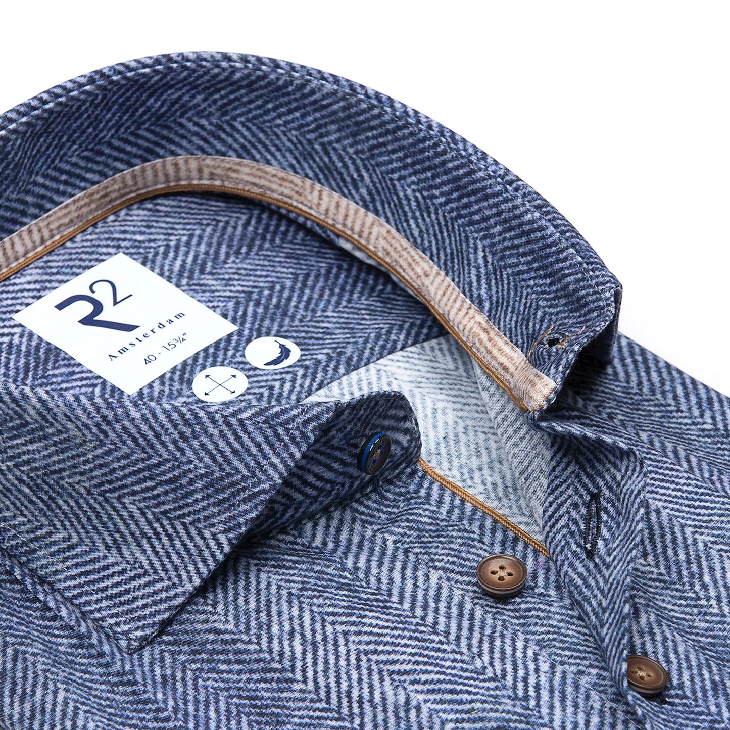 R2 Herringbone Print Stretch Shirt