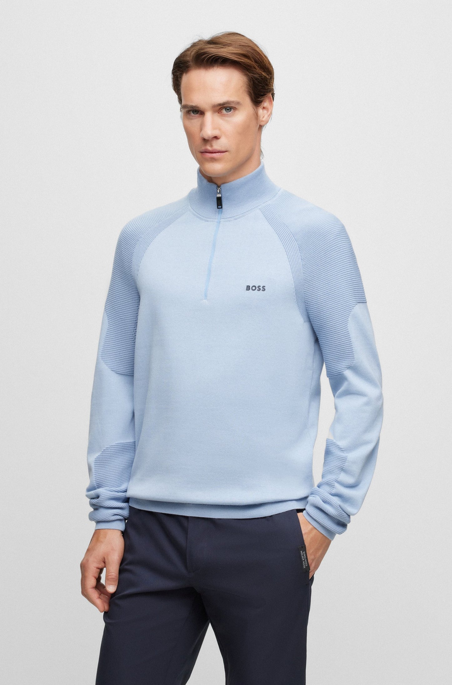 Boss Cotton Blend Zip-Neck Sweater With Logo Detail