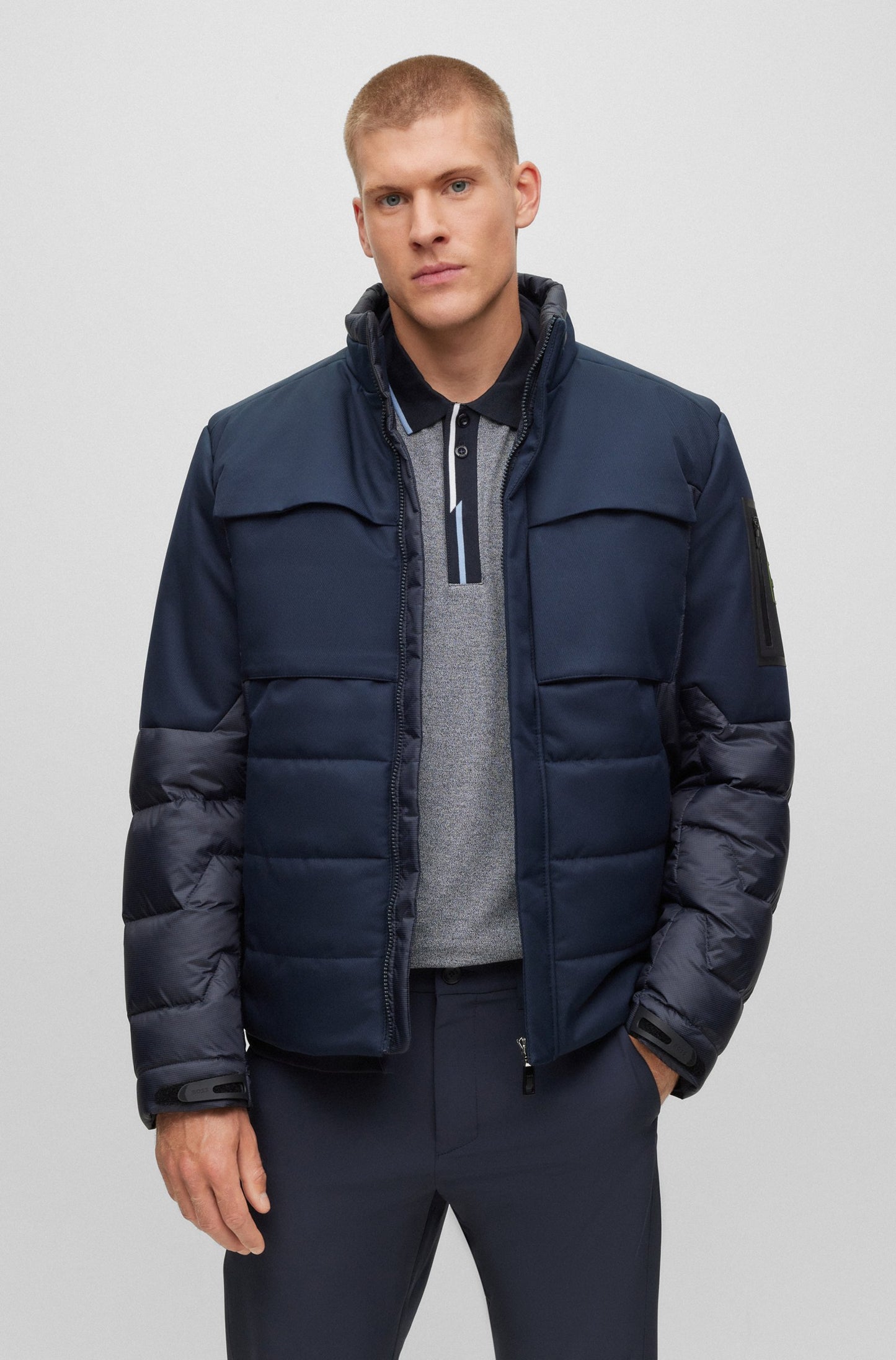 Boss Mixed Material Down Jacket With Branded Sleeve Pocket