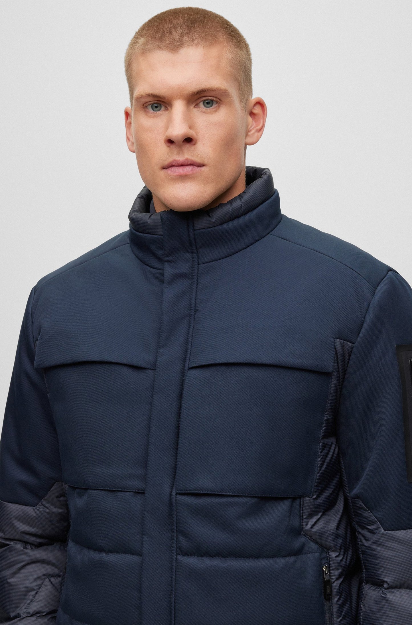 Boss Mixed Material Down Jacket With Branded Sleeve Pocket