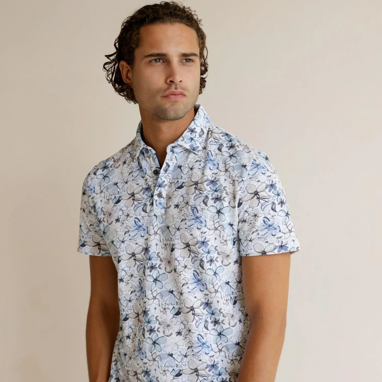 R2 Amsterdam Floral print linen blend polo