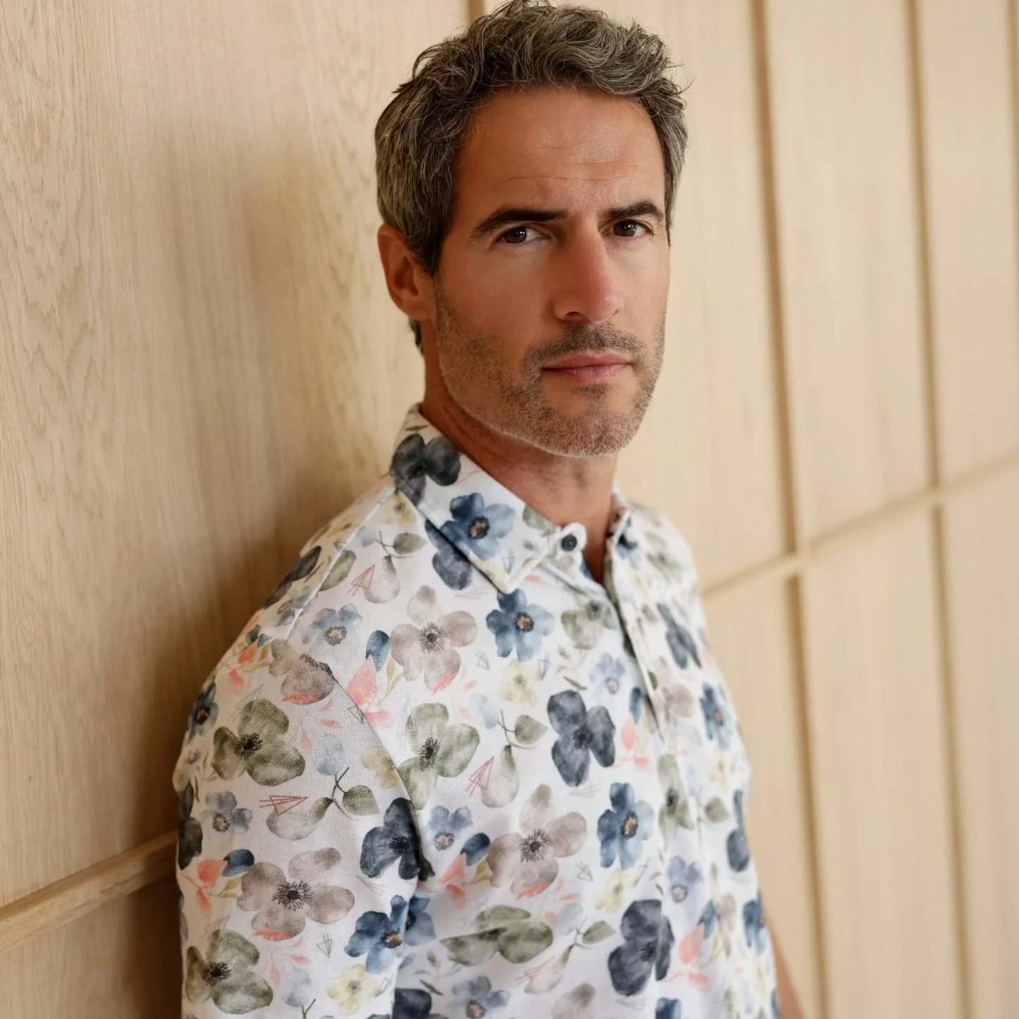 R2 Amsterdam Floral print linen blend polo