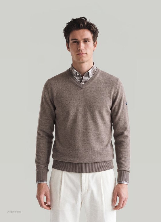 Maerz V-Neck Merino Wool Jumper – Brown