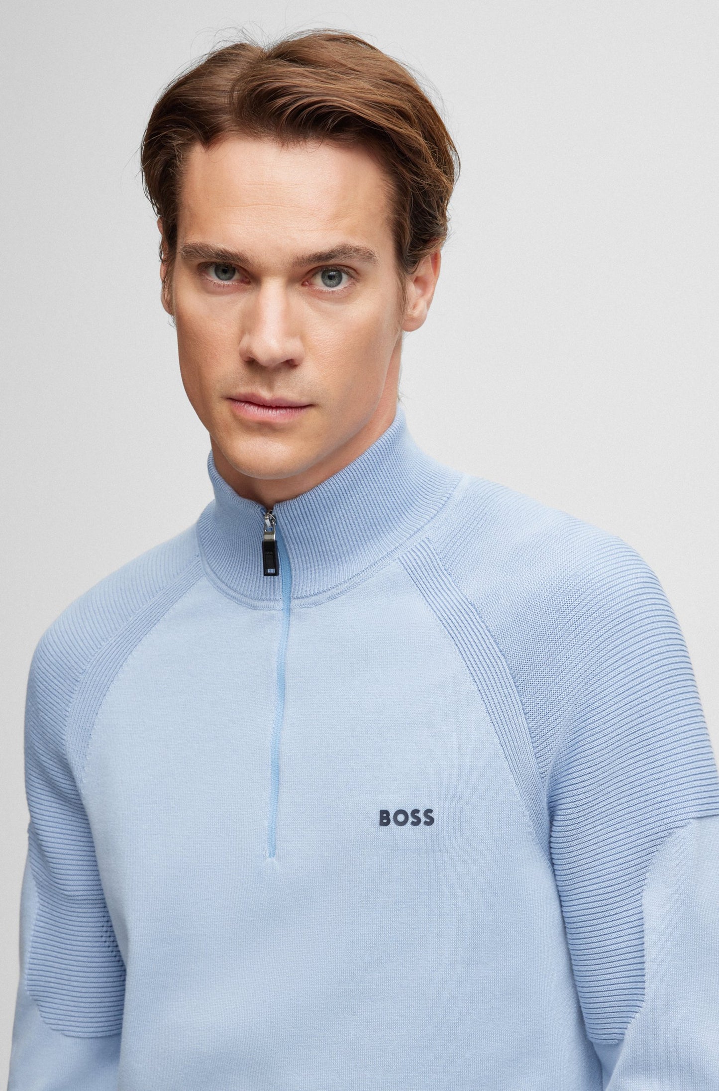 Boss Cotton Blend Zip-Neck Sweater With Logo Detail