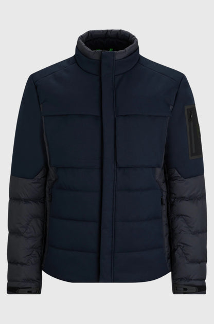 Boss Mixed Material Down Jacket With Branded Sleeve Pocket