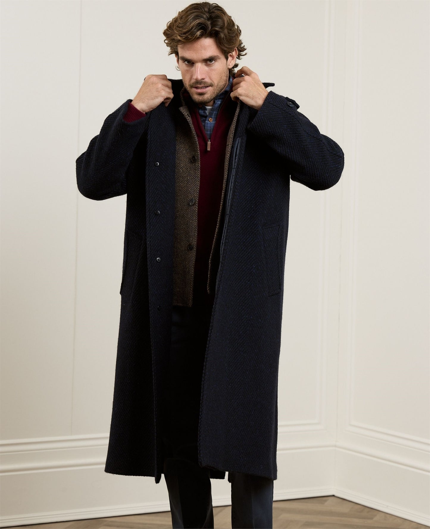 Corrib Donegal Tweed Overcoat in Navy Herringbone