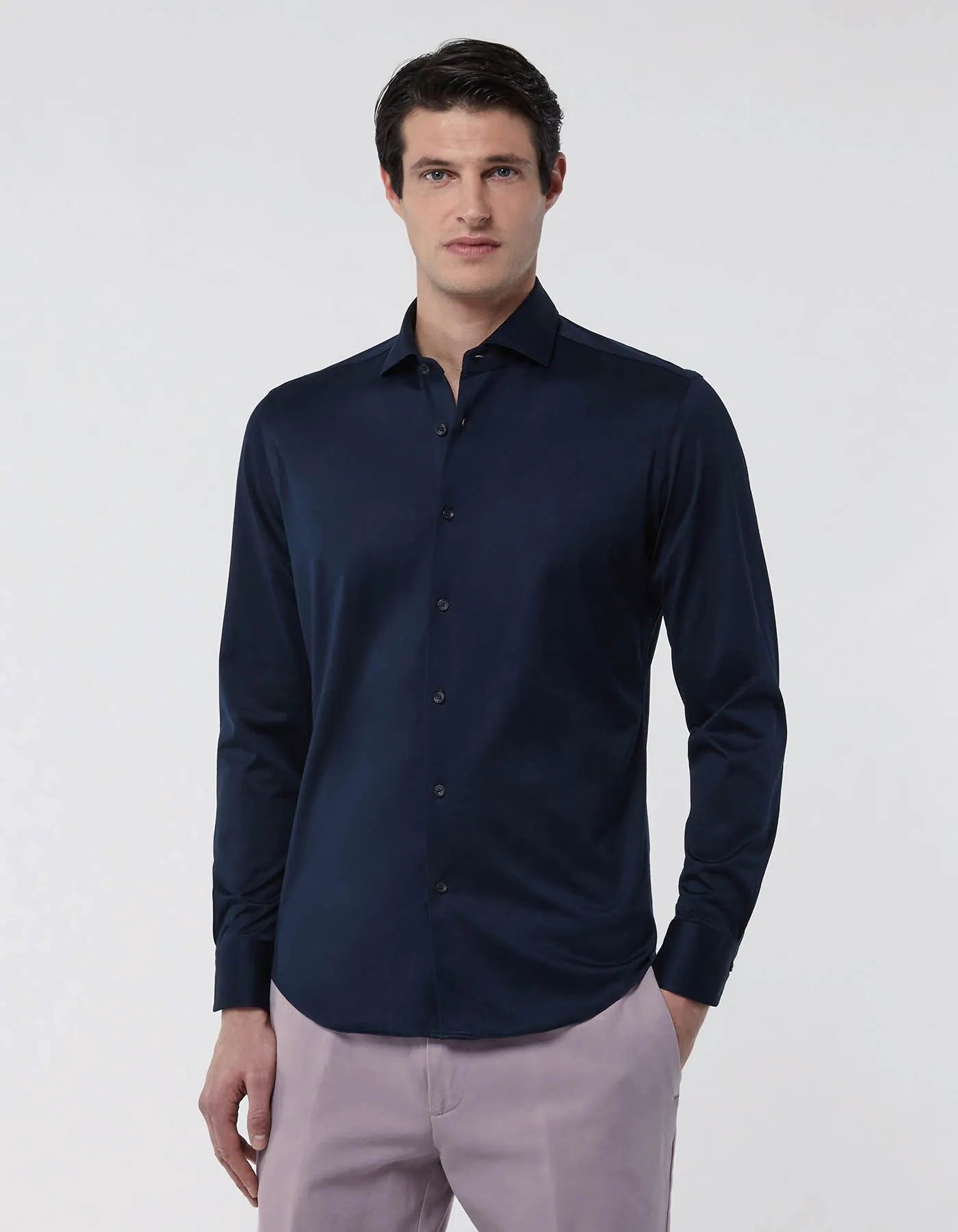 Navy Blue Jersey Solid Colour Shirt Collar Cutaway