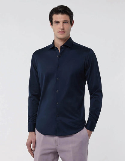 Navy Blue Jersey Solid Colour Shirt Collar Cutaway