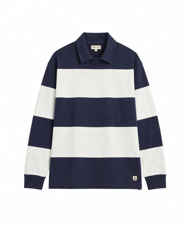 Armor-Lux Striped Polo Collar Sweatshirt – Navy & Milk