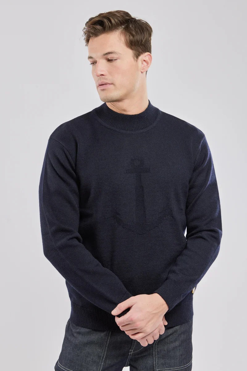 Armor Lux  Blue Anchor Mock Neck Sweater - Navy