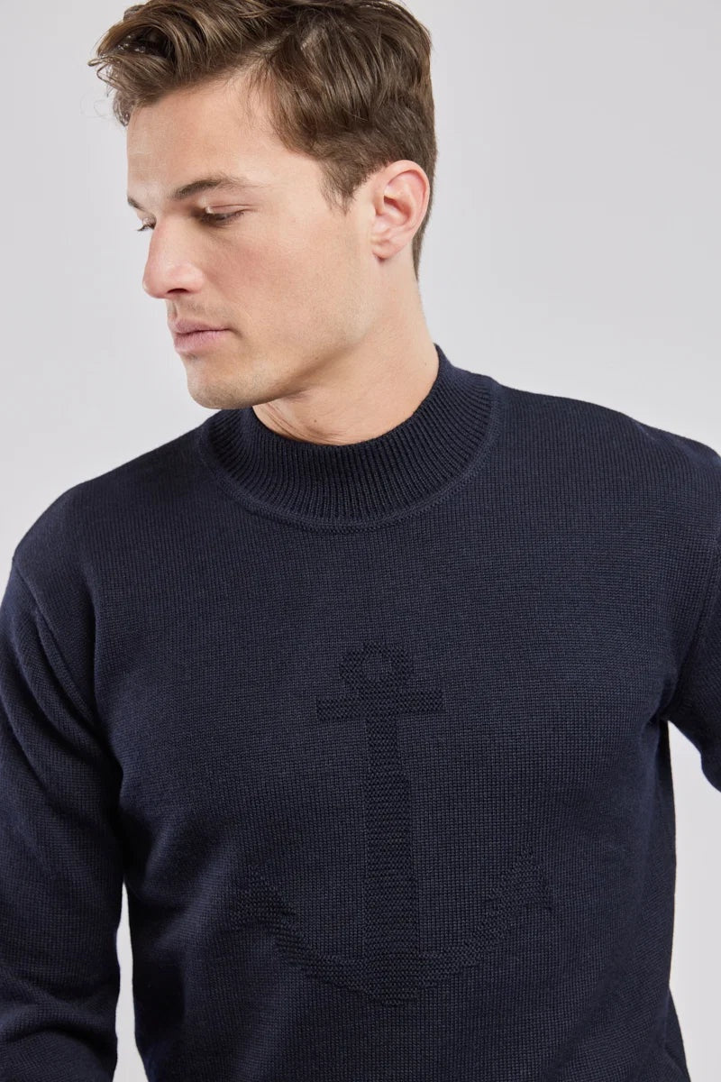 Armor Lux  Blue Anchor Mock Neck Sweater - Navy