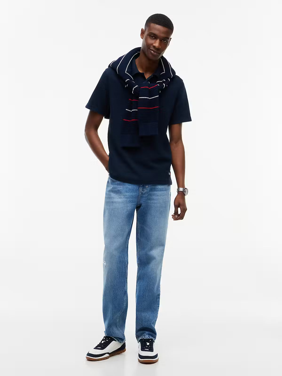 Tommy Jeans Washed Waffle Knit Polo Shirt - Navy