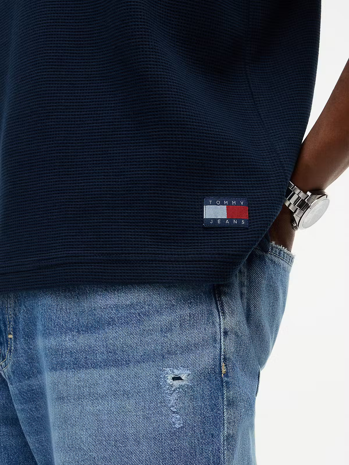 Tommy Jeans Washed Waffle Knit Polo Shirt - Navy
