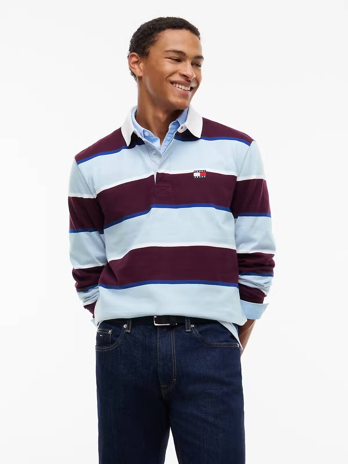 Tommy Jeans Relaxed Fit Striped Rugby Shirt – Berry