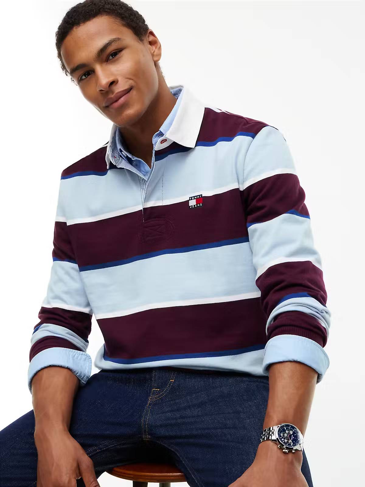 Tommy Jeans Relaxed Fit Striped Rugby Shirt – Berry