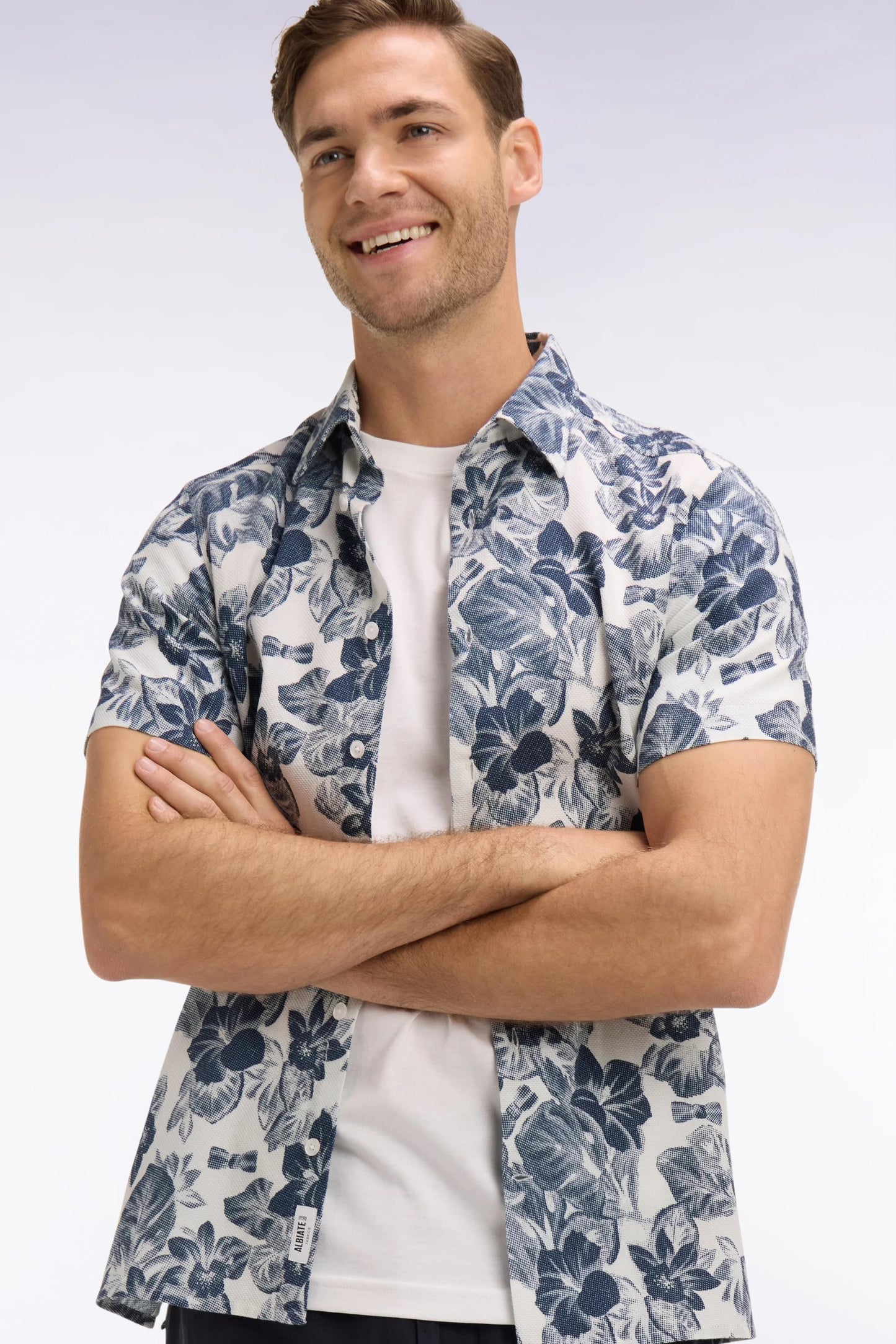 Eden Park Navy Floral Cotton Piqué Short Sleeve Shirt
