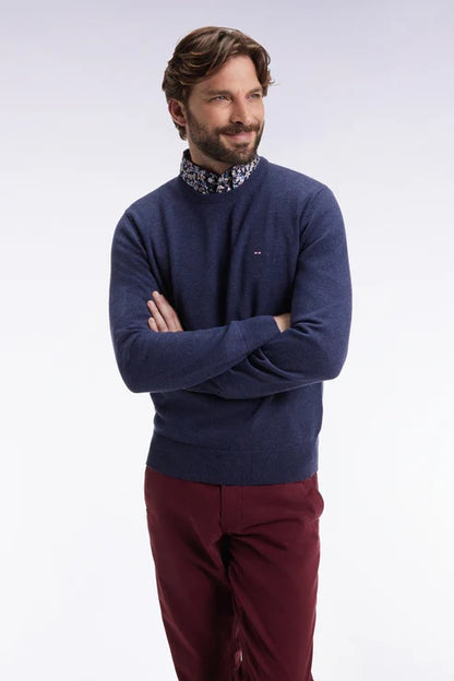 Round-neck sweater in burgundy wool and cotton