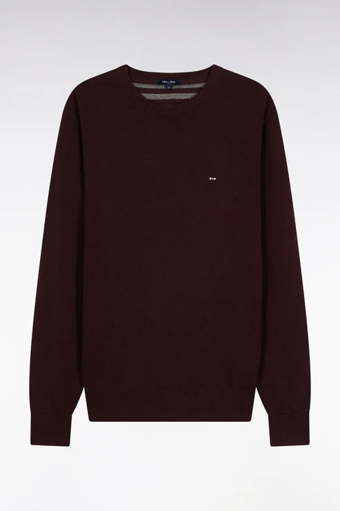 Round-neck sweater in burgundy wool and cotton