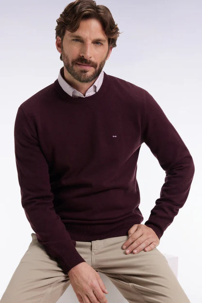 Round-neck sweater in burgundy wool and cotton