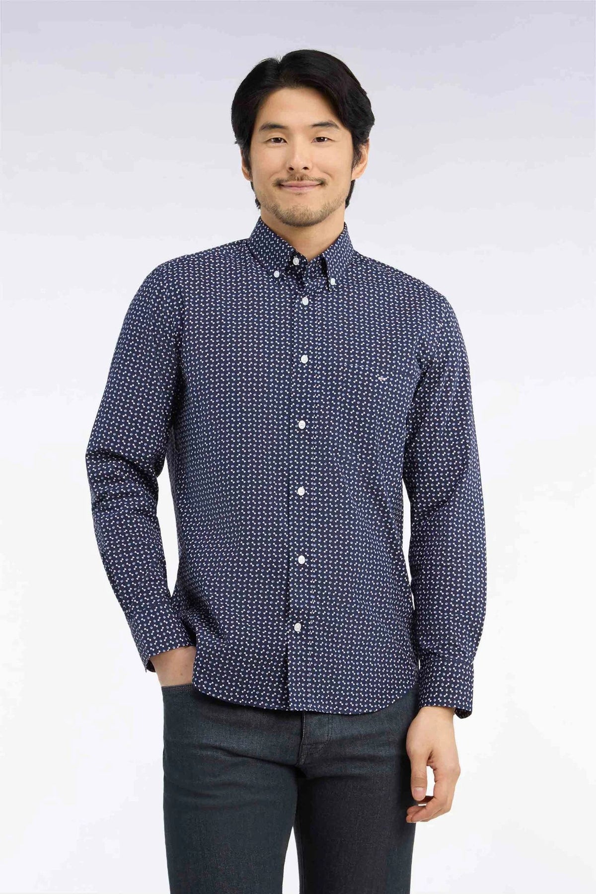 Eden Park Cotton Poplin Shirt With Micro Patterns - Navy