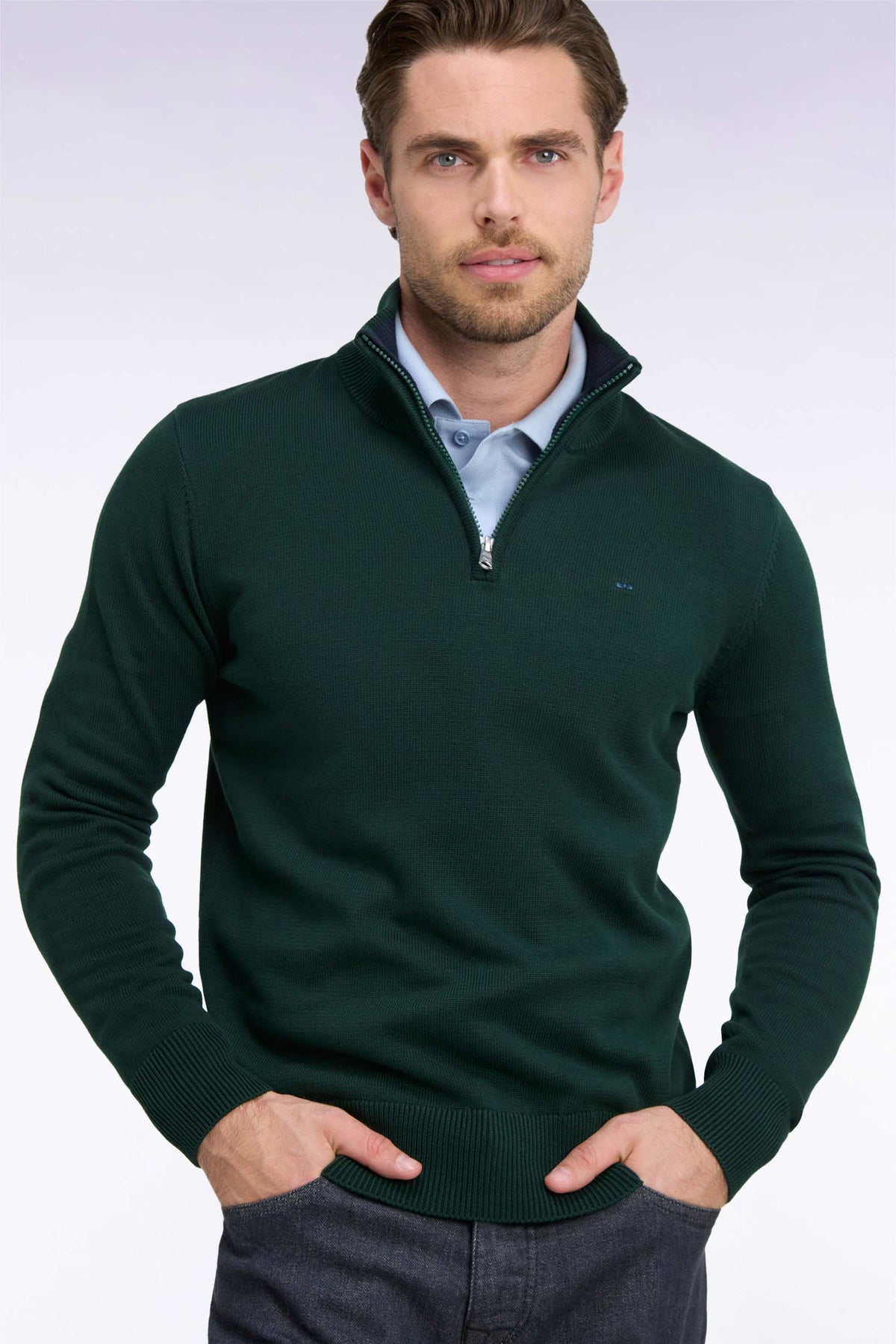 Eden Park Cotton Trucker Half-Zip Sweater – Forest Green