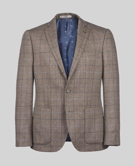Magee Finn Donegal Tweed Blazer In Brown Herringbone With Blue Overcheck