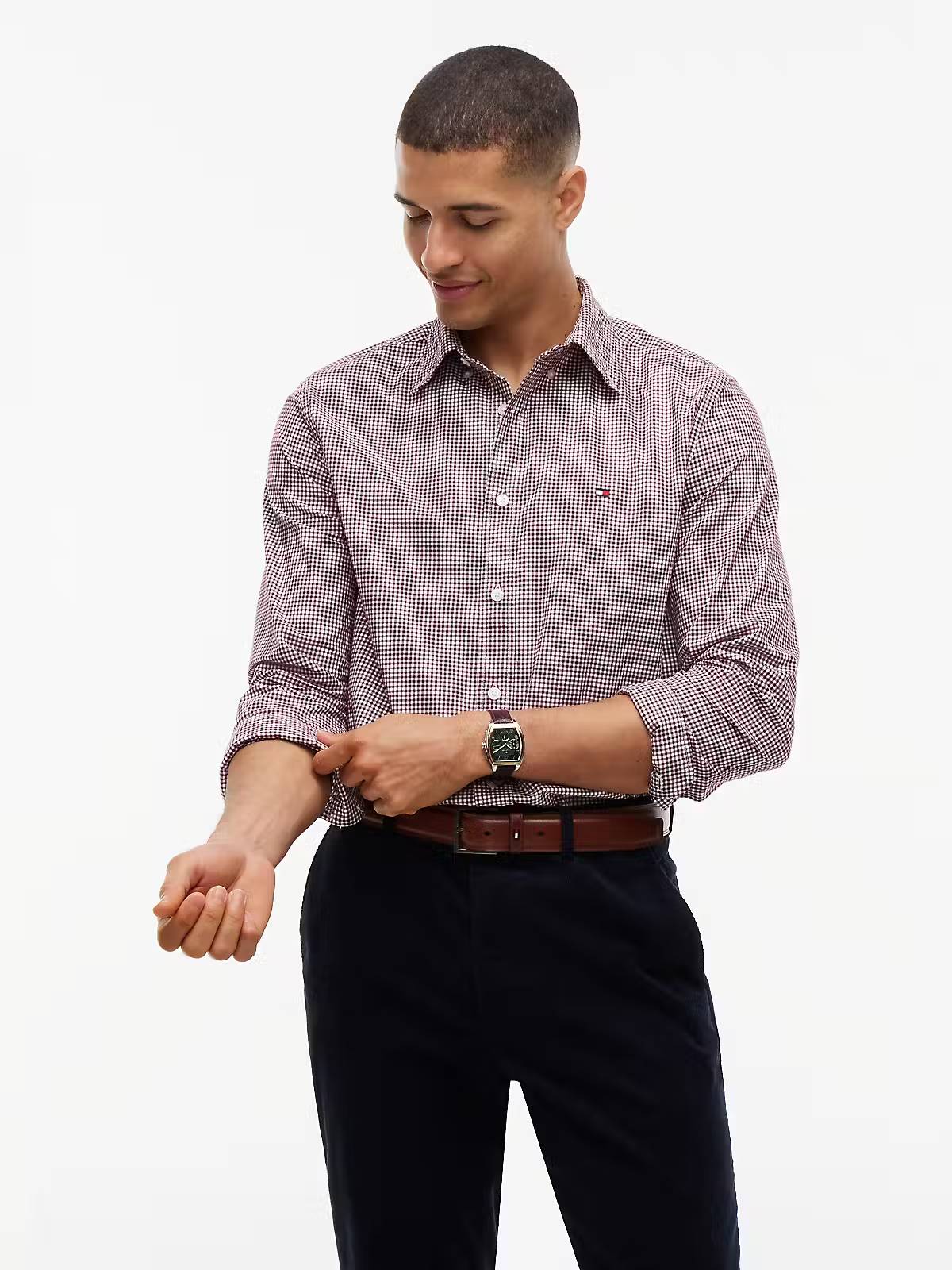 Tommy Hilfiger Flex Poplin Gingham Regular Fit Shirt – Burgundy