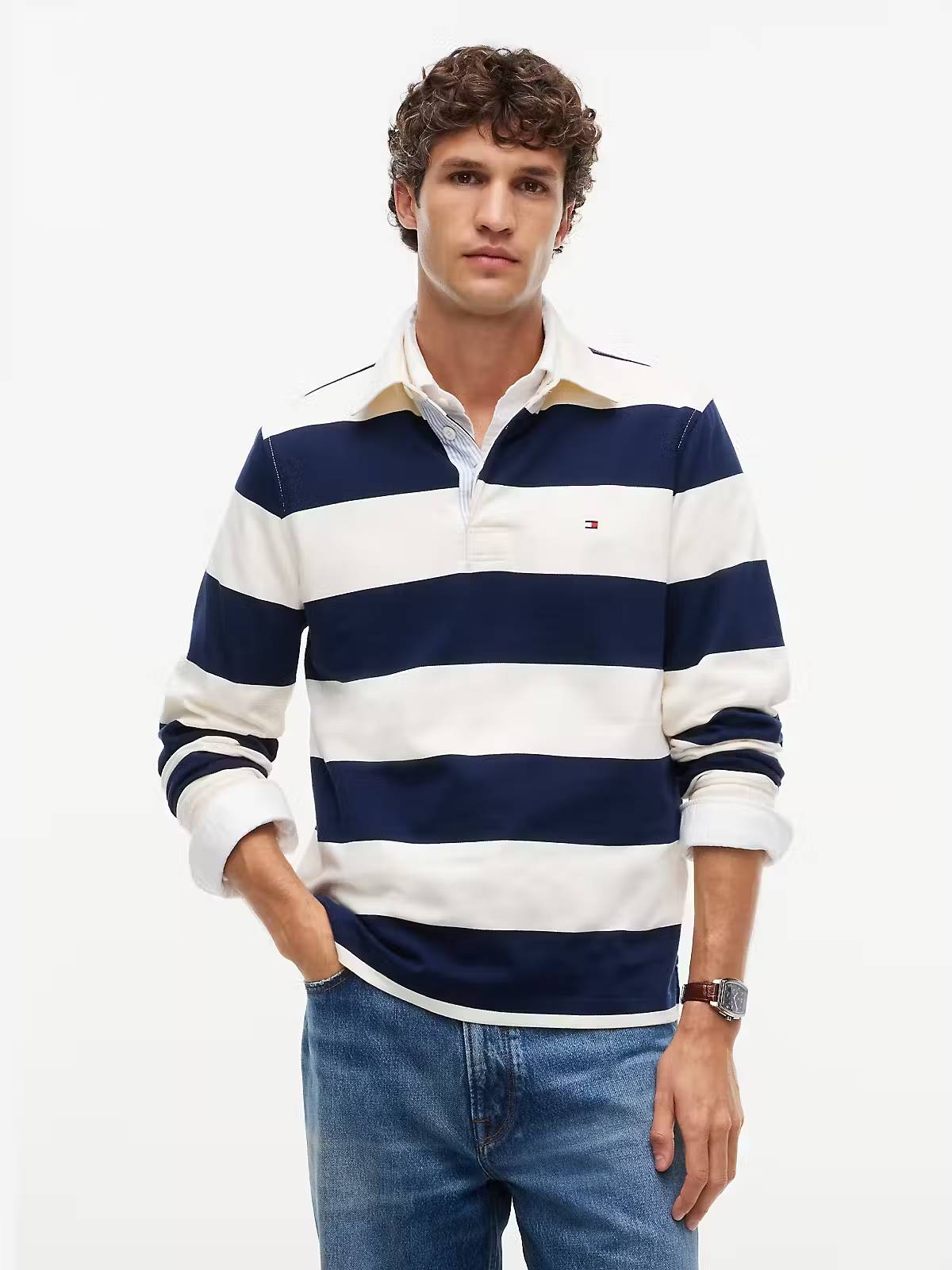 Tommy Hilfiger Essential Stripe Rugby Sweatshirt – Navy