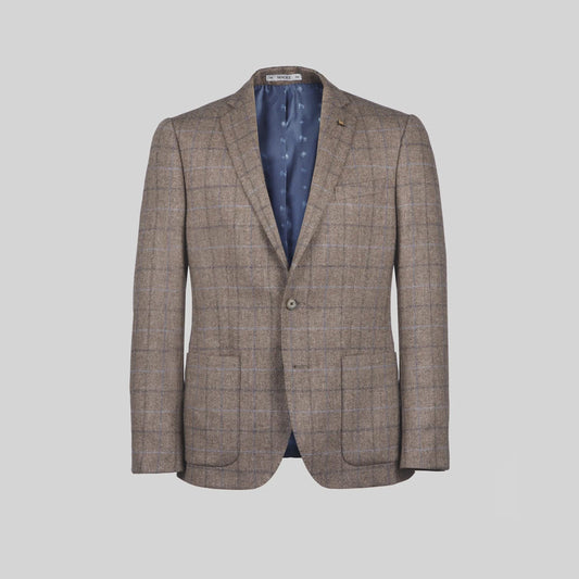 Magee Finn Donegal Tweed Blazer In Brown Herringbone With Blue Overcheck